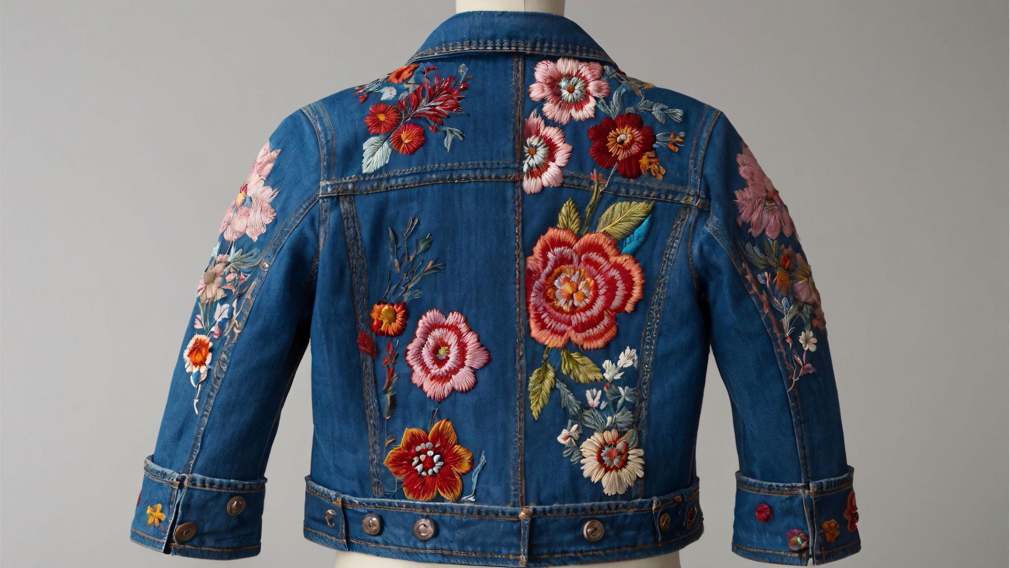 Floral embroidery on denim jacket